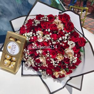 Beauty Red Roses With Alstroemeria and Ferrero 8pcs