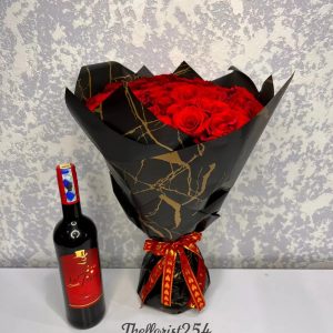 50 Roses Bouquet with Red Wine