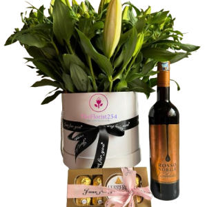 Lillies Box_with Ferrero 8pcs and wine